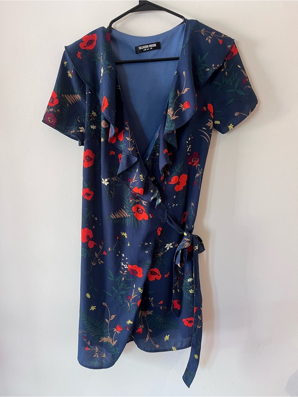 Fashion Union Navy Floral Wrap Mini Dress with Red Blooms